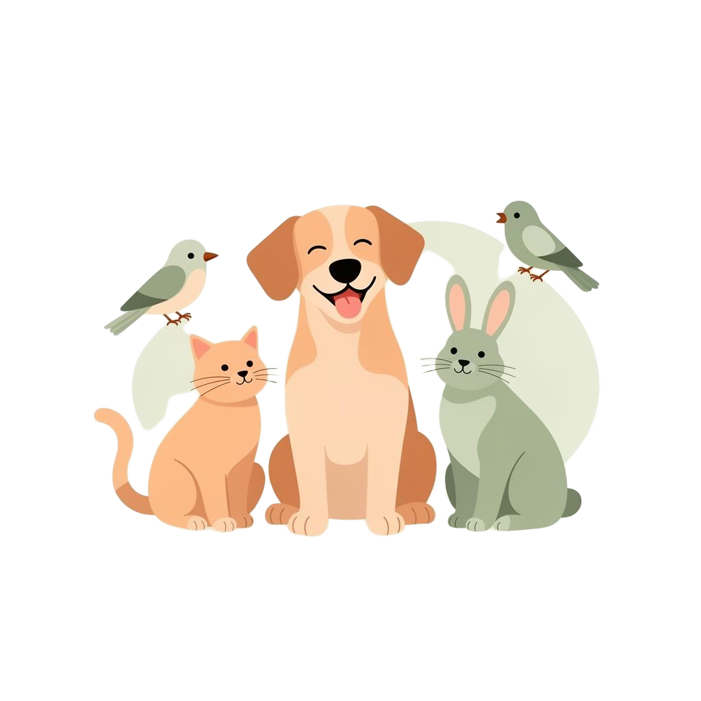 Illustration of a happy dog, cat, rabbit and bird — Pet5ardas pet care guides